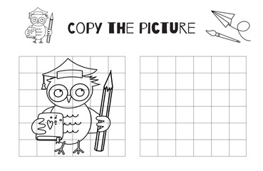 In This Printable Black And White Activity For Kids, Draw A Smart Owl With A Book And Pencil On The Vector Drawing Practice Worksheet And Complete The Picture On The Coloring Page