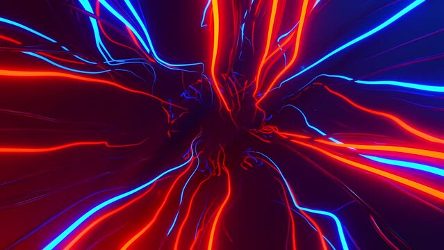 Tunnel with rings with neon glowing hair, threads. VJ animation background for music and edition video. Visual loops. 