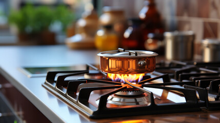 pot on gas stove, stainless pan on the hob, cooking on a gas stove, the cost of gas in Europe
