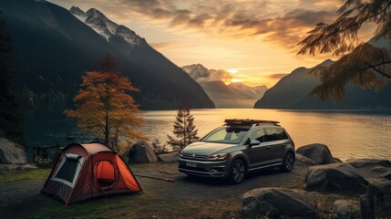 Fototapeta na wymiar Camping SUV car with tent, forest, Professional photo