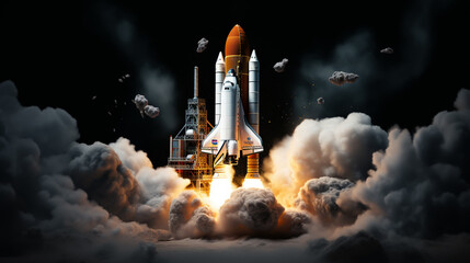 Realistic blue rocket flying in space. Spaceship rocket lunch. Catroon space shuttle for startup business concept. - Powered by Adobe