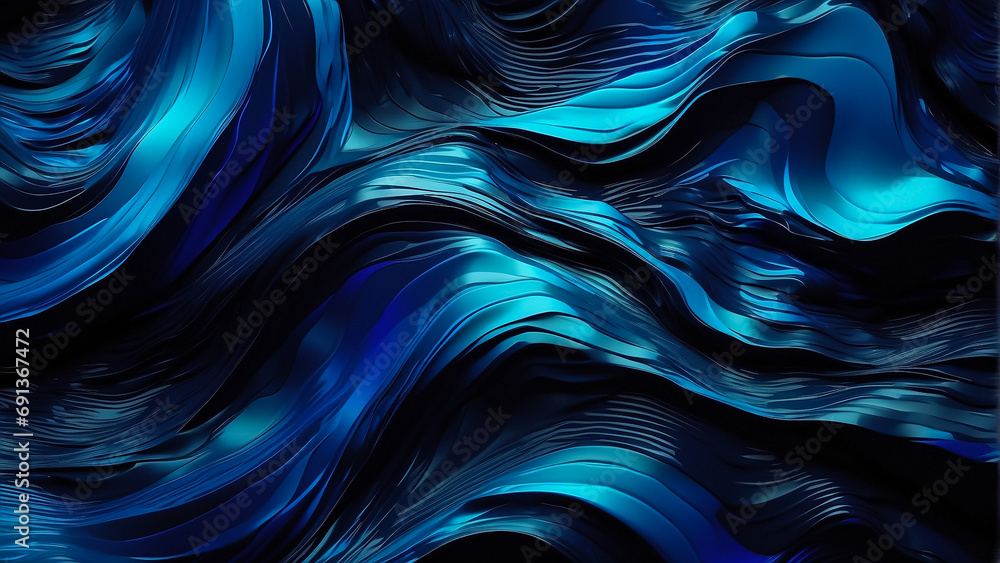 Poster dark azure and cobalt blue abstract with wavy curved lines