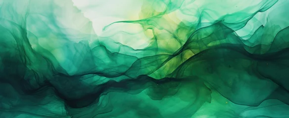 Zelfklevend Fotobehang New Year and Christmas Green painted artwork of abstract transparent alcohol ink background. Deep green flow liquid watercolor paint splash texture Background, © irissca
