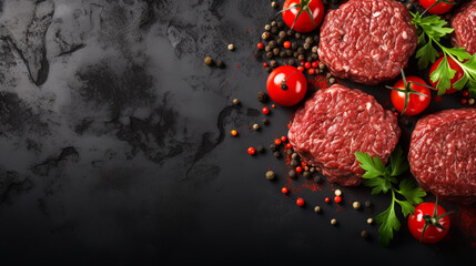 Raw meat, steak on black background - obrazy, fototapety, plakaty