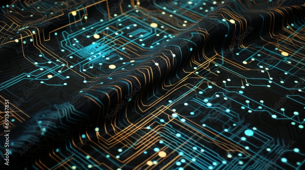 Poster fashion of future. quantum computing diagram prints on fabric, merging circuitry with neural motifs 