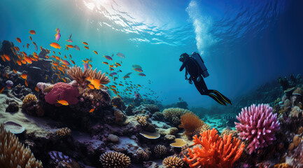 a scuba diver in a snorkel in front of colorful fish and coral