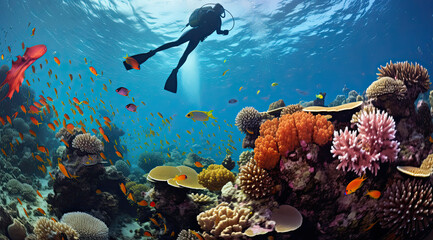 a scuba diver in a snorkel in front of colorful fish and coral