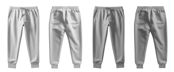 2 Set of white and light grey gray, front back view sweatpants jogger sports trousers bottom pants on transparent background, PNG file. Mockup template for artwork design - obrazy, fototapety, plakaty