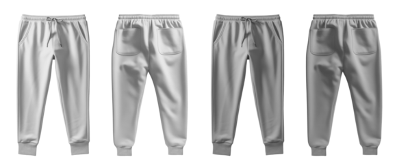 2 Set of white and light grey gray, front back view sweatpants jogger sports trousers bottom pants on transparent background, PNG file. Mockup template for artwork design