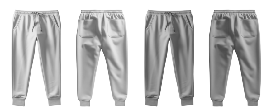 2 Set of white and light grey gray, front back view sweatpants jogger sports trousers bottom pants on transparent background, PNG file. Mockup template for artwork design