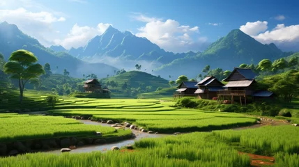 Tafelkleed rural asian landscape, sunrise farm, sunrise garden, morning, rice fields, terraced farm, rice, field, rice field, rice field, field grass field  © panu101