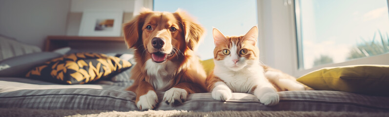 Cat and dog lying together on bed at home. Concept of domestic animals and friendship.