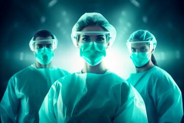 Fototapeta na wymiar doctors or surgeons in isolation gown or protective suits, protect goggles and surgical face masks