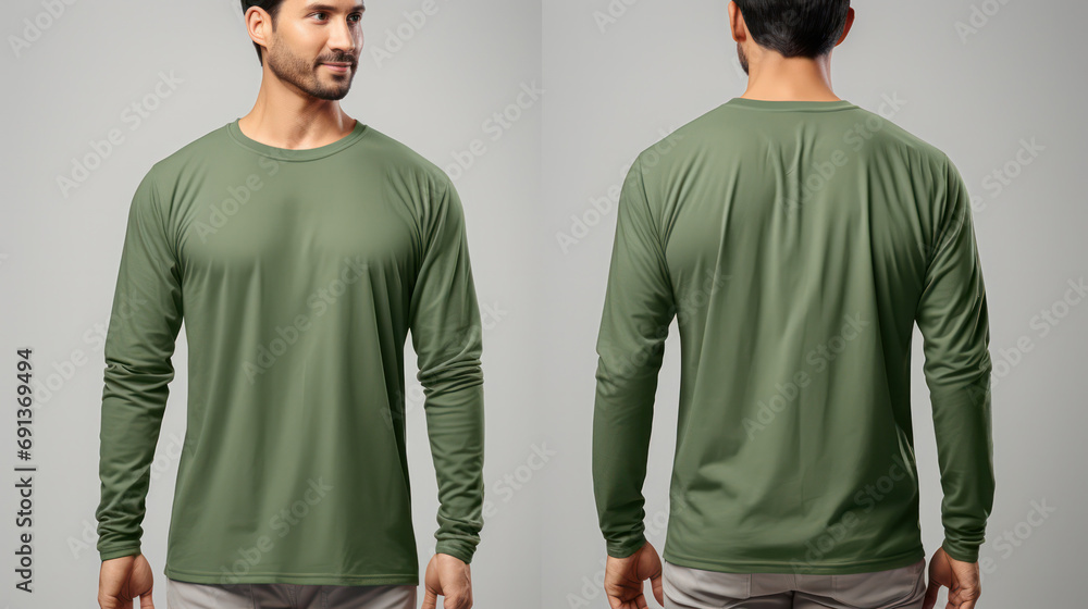 Wall mural Casual Comfort, Man Wearing a Green Long Sleeved T-Shirt Mockup - Effortless Style for Everyday - Wall murals