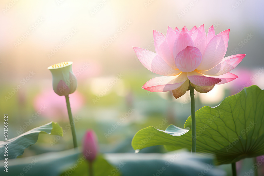 Wall mural graceful bloom, pink lotus blossom captured in soft floral elegance against a blurry background.