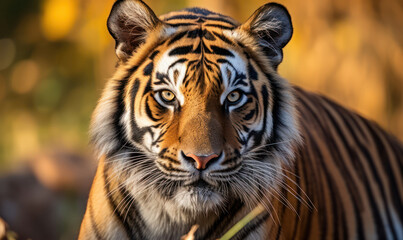 Obraz premium Majestic Stare, Wild Tiger, Intensely Gazing with Power, A Captivating Wildlife Moment.