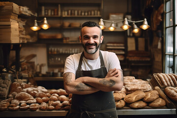 Bakery Entrepreneurship, Small Business Owner Proudly Showcases Fresh Croissants. - obrazy, fototapety, plakaty
