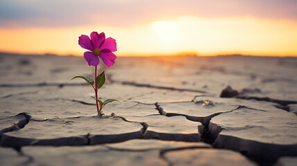 Lonely flower standing on cracked soil