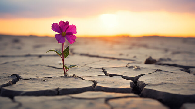 Lonely flower standing on cracked soil
