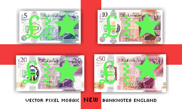 Vector set of pixel mosaic new banknotes of England. 2024. Collection of 5, 10, 20 and 50 pounds notes. Obverse. Play money or flyers.