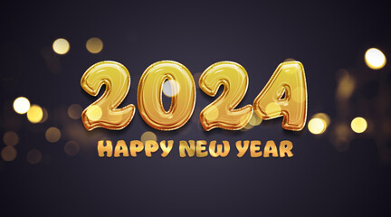 Happy New Year greetings card with golden balloon effect. Shiny gold 2024 text wishes © sdecoret