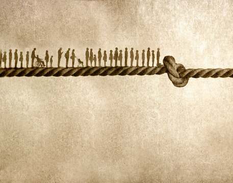 People waiting in line on oversized rope