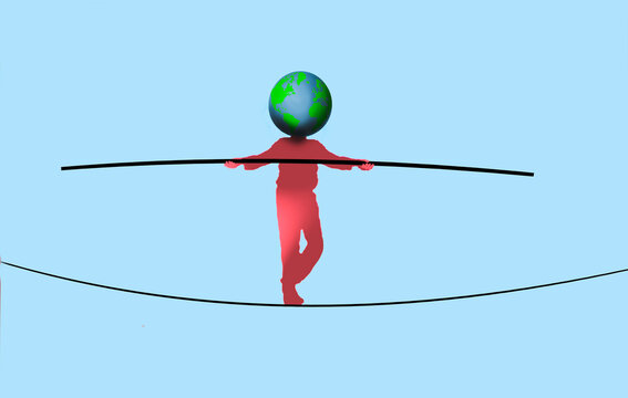 Man with planet Earth instead of head walking along tightrope with pole in hands