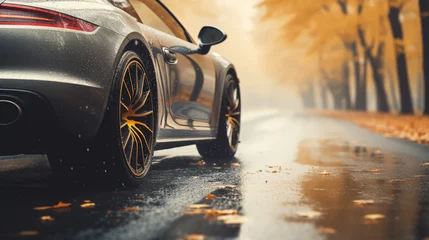 Fotobehang Closeup of a car with leaves stuck on wheels on a wet road in the autumn © alexkich