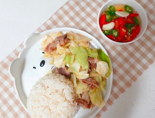 Stir-fried beef with cabbage and rice also with cilli fish sauce
