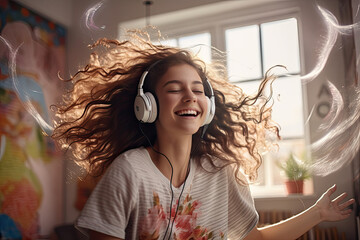 happy teen girl wearing headphones dancing at home