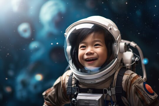 Portrait of young asian boy wearing spaceman costume