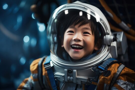 Portrait of young asian boy wearing spaceman costume