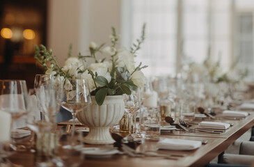 Elegant, romantic table setting for indoor wedding reception. Luxury wedding table decoration, special event table set up with fresh flowers arragements.