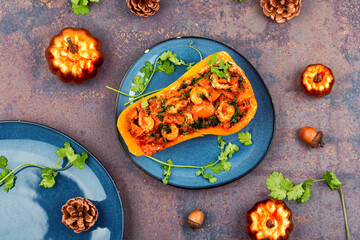 Pumpkin stuffed with vegetables and shrimp.