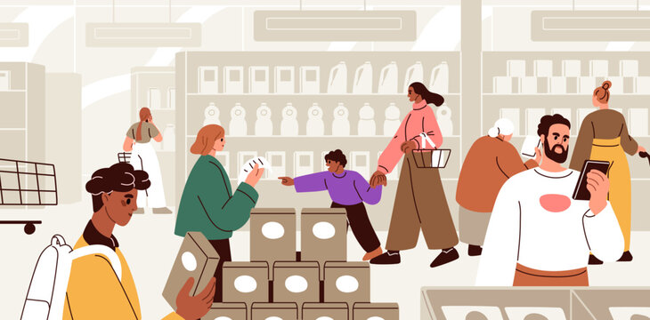 People in grocery store, shop. Consumers in supermarket. Customers, buyers walking, standing, choosing and buying food products, goods in hypermarket aisles, shelves. Flat vector illustration