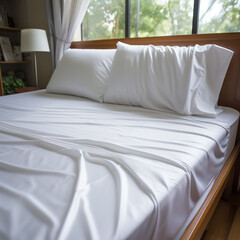 Crumpled white bed blanket. Flat lay style. Home textiles. Comfort concept