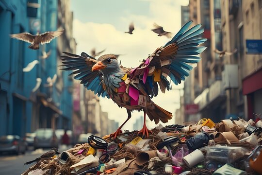 Photo, a bird from garbage at a garbage dump in the city