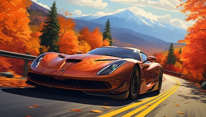 AI generated illustration of a sports car cruising along the Kancamagus highway in New Hampshire - obrazy, fototapety, plakaty