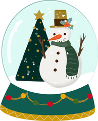 snowman with christmas tree in snow globe hand draw clipart vector illustration for decoration invitation greeting birthday party celebration wedding card poster banner textiles wallpaper background
