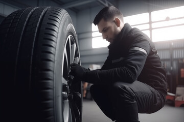 Fototapeta na wymiar mechanic changing a tire for winter in a garage