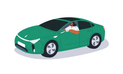  Electric car. Woman driver in eco-friendly auto vehicle on green sustainable energy. Female character driving smart ecological transport. Flat vector illustration isolated on white background © Good Studio