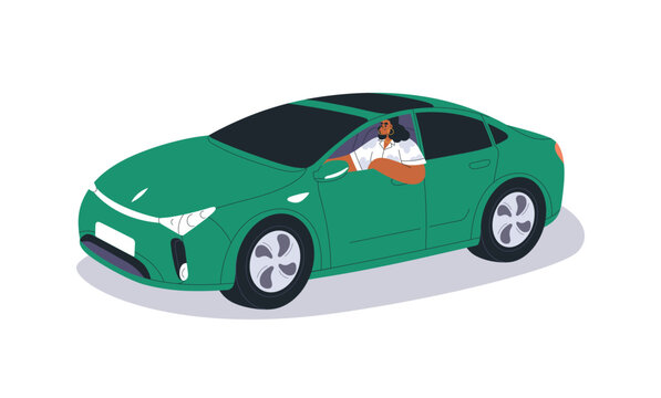 Electric car. Woman driver in eco-friendly auto vehicle on green sustainable energy. Female character driving smart ecological transport. Flat vector illustration isolated on white background