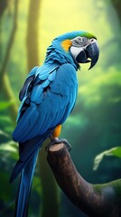 beautiful blue macaw bird perched on tree in nature landscape, Generative Ai