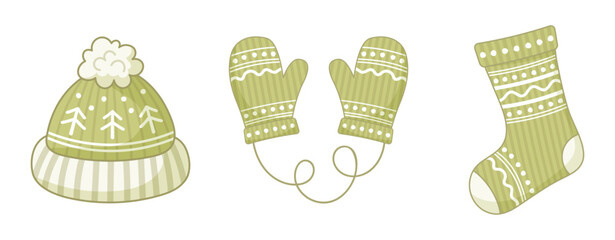 Green winter clothes.