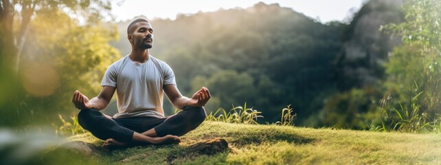 Masculine Meditation For Men. Latin-American Hispanic Man Meditating outdoors. Peaceful scene of man meditating on nature, moment of tranquility and mindfulness.