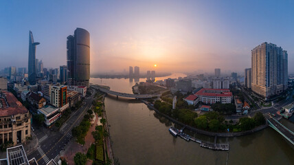 Sunrise on Saigon riverside, Ho Chi Minh city, Vietnam - obrazy, fototapety, plakaty