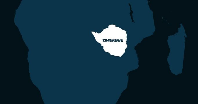 World Map Zoom In To Zimbabwe. Animation in 4K Video. White Zimbabwe Territory On Dark Blue World Map