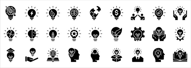 Idea icon set. Creative idea, brainstorming, solution, thinking and innovation icons. vector illustration on white background