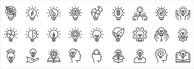 Idea icon set. Creative idea, brainstorming, solution, thinking and innovation icons. vector illustration on white background