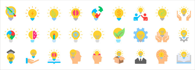 Idea icon set. Creative idea, brainstorming, solution, thinking and innovation icons. vector illustration on white background